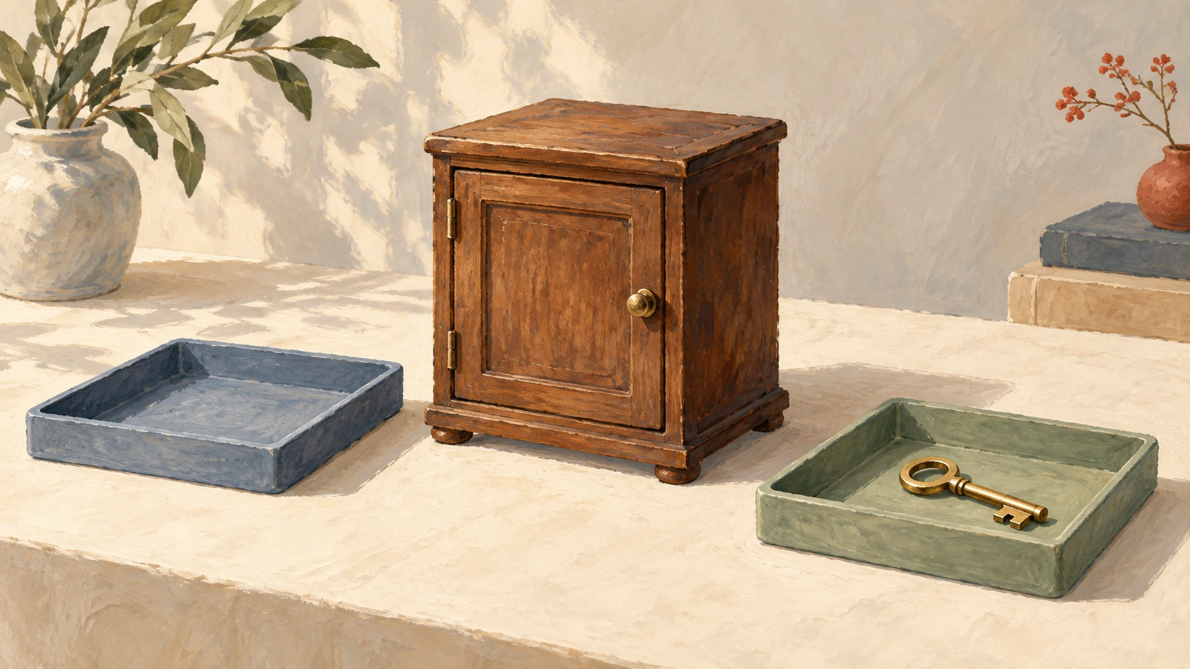 A brass key rests in a new tray beside an unchanged wooden archive cabinet