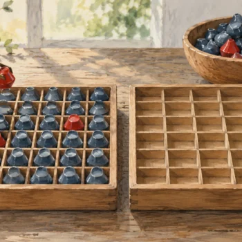 One compartment tray has selected pieces removed; a matching tray has been emptied completely