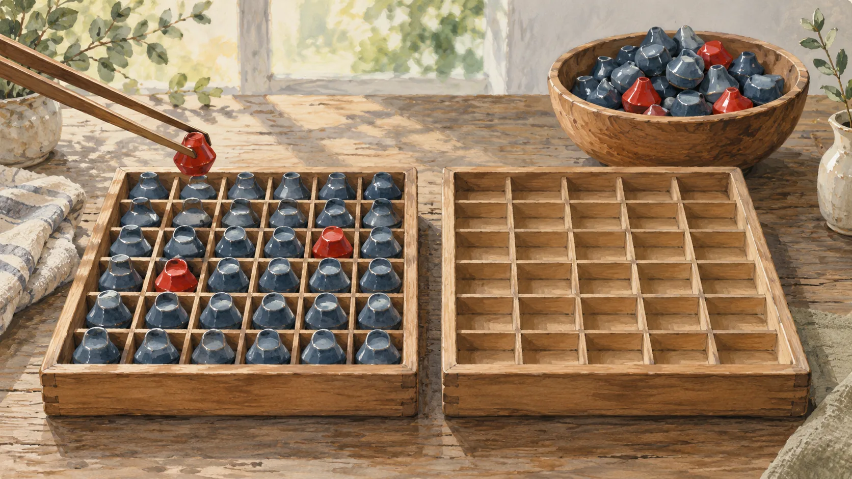 One compartment tray has selected pieces removed; a matching tray has been emptied completely