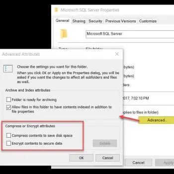 Settings for compressing or encrypting SQL Server attributes.