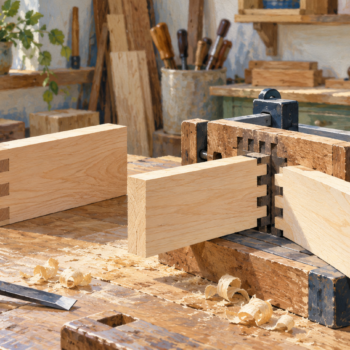 Two wood pieces joined using a physical joinery jig