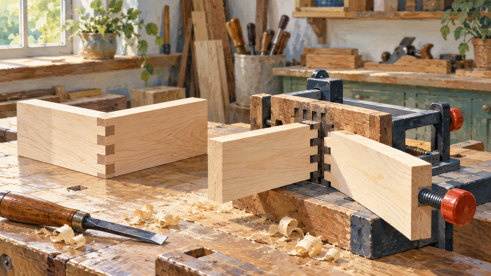 Two wood pieces joined using a physical joinery jig