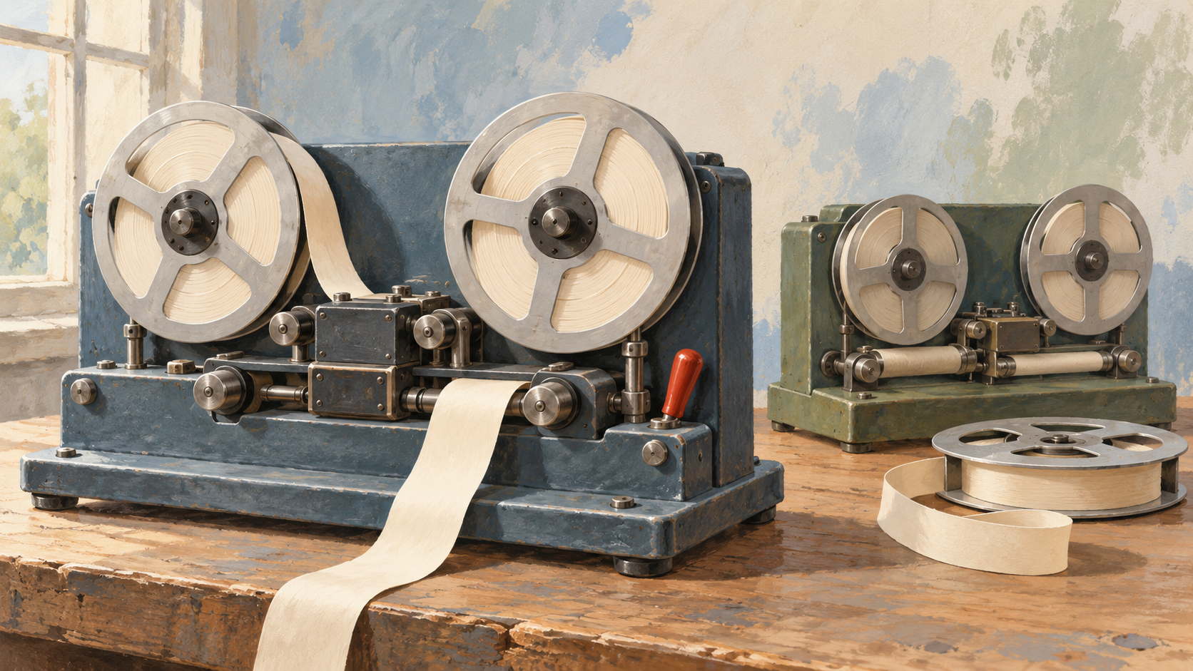 One ribbon recorder is active, a second is stopped, and a removed spool rests nearby