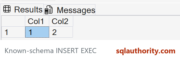 Known-schema INSERT ... EXEC returns Col1 = 1 and Col2 = 2