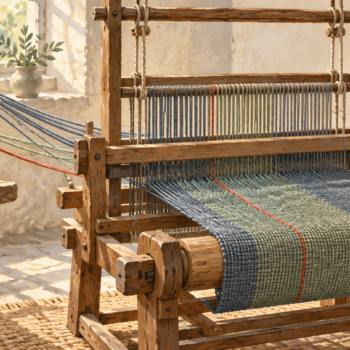 Loose threads feed a loom and become a new piece of cloth
