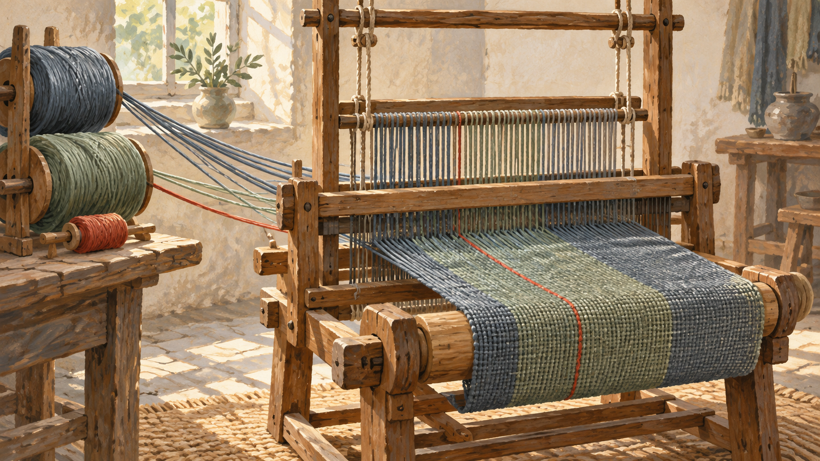Loose threads feed a loom and become a new piece of cloth