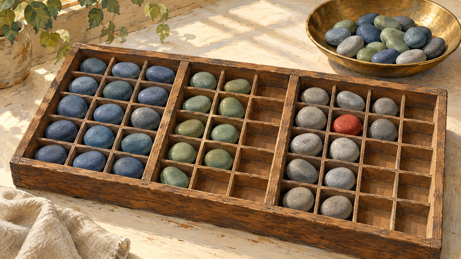 Three sorting tray sections hold different numbers of cached pebbles while other pebbles remain outside