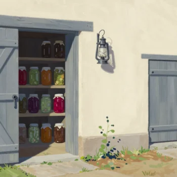 A well supplied pantry behind one sturdy door and another closed door
