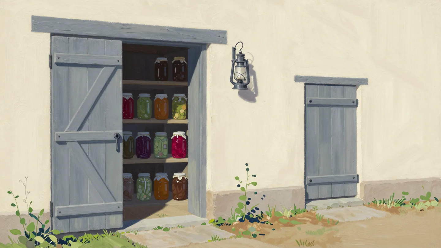 A well supplied pantry behind one sturdy door and another closed door