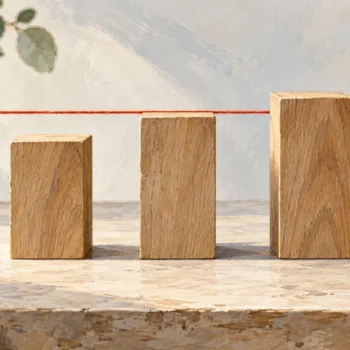 Three wooden gauge blocks fall below, meet, and rise above a measuring thread