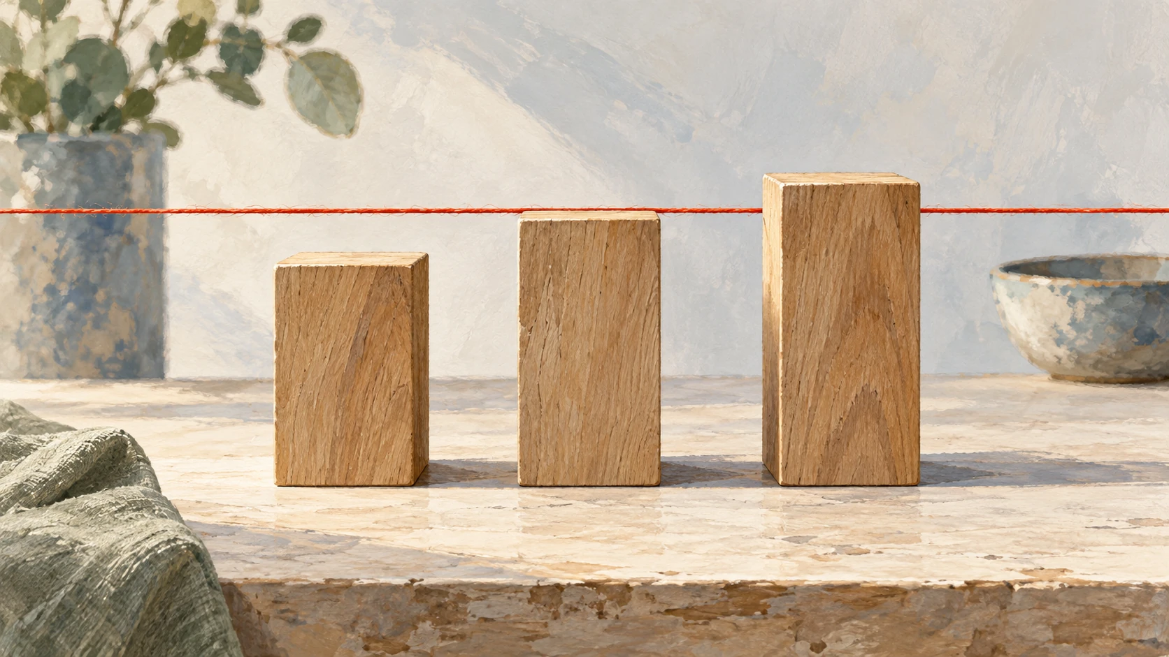 Three wooden gauge blocks fall below, meet, and rise above a measuring thread