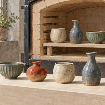 Ceramic vessels stay in one shelf order but are arranged differently for display