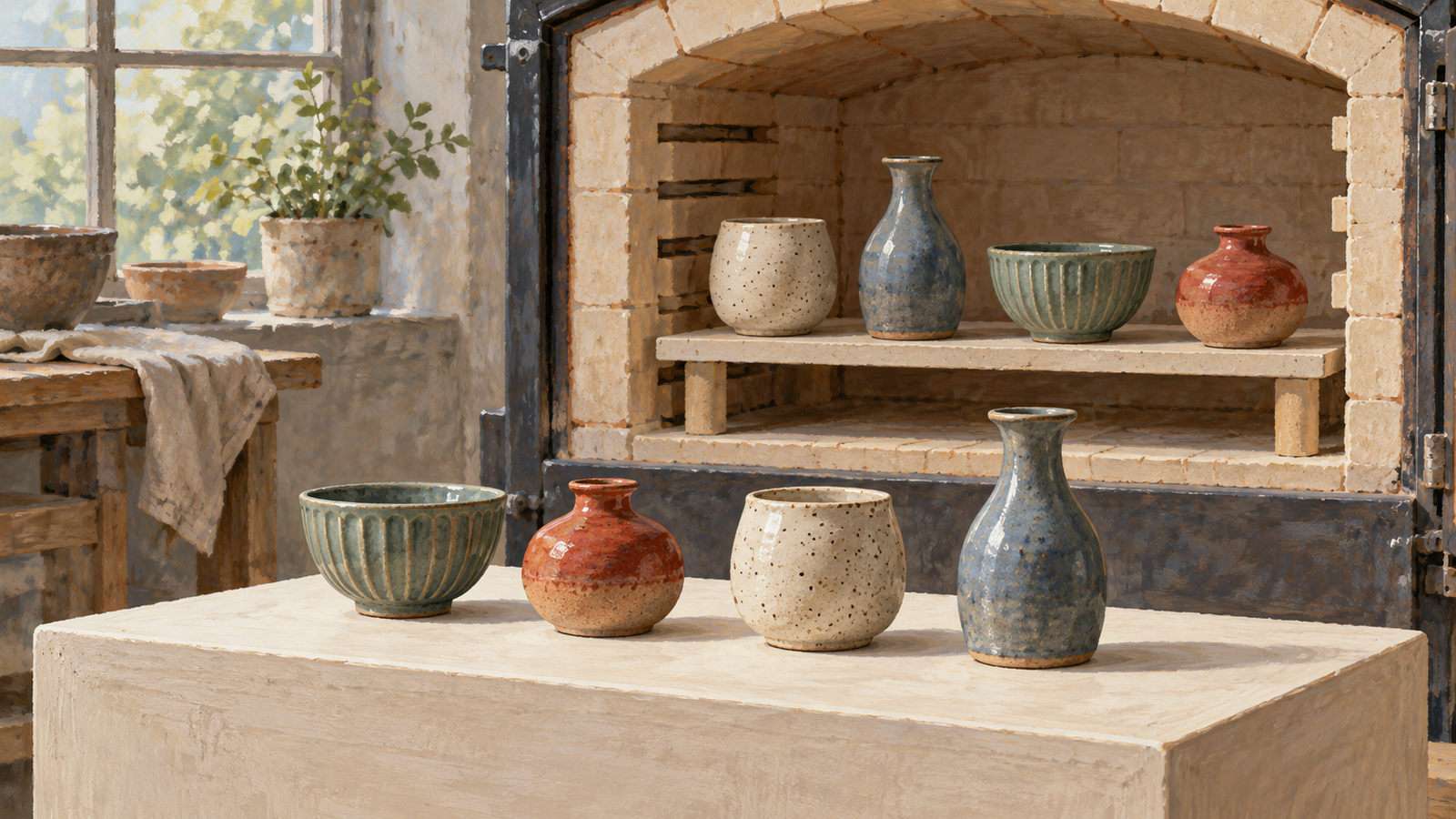 Ceramic vessels stay in one shelf order but are arranged differently for display