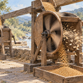 One winnowing fan is idle while another actively separates grain from husks
