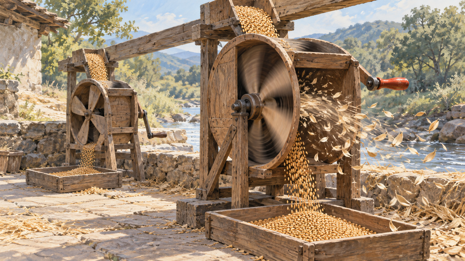 One winnowing fan is idle while another actively separates grain from husks