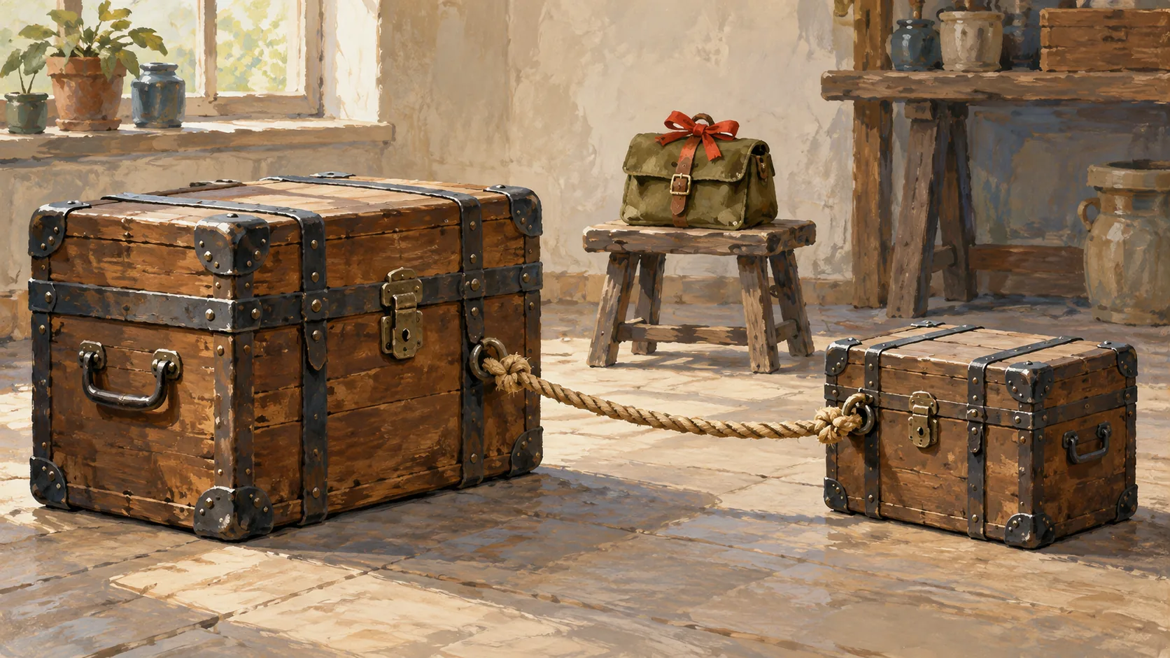 Two connected trunks remain linked while a separate satchel sits apart