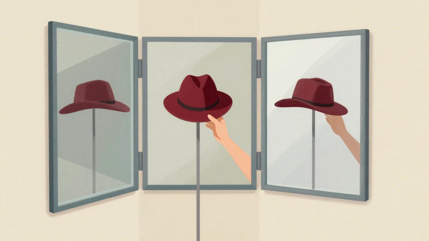 A red hat reflected three times in a tailor's three-panel mirror, a hand reaching for the real one