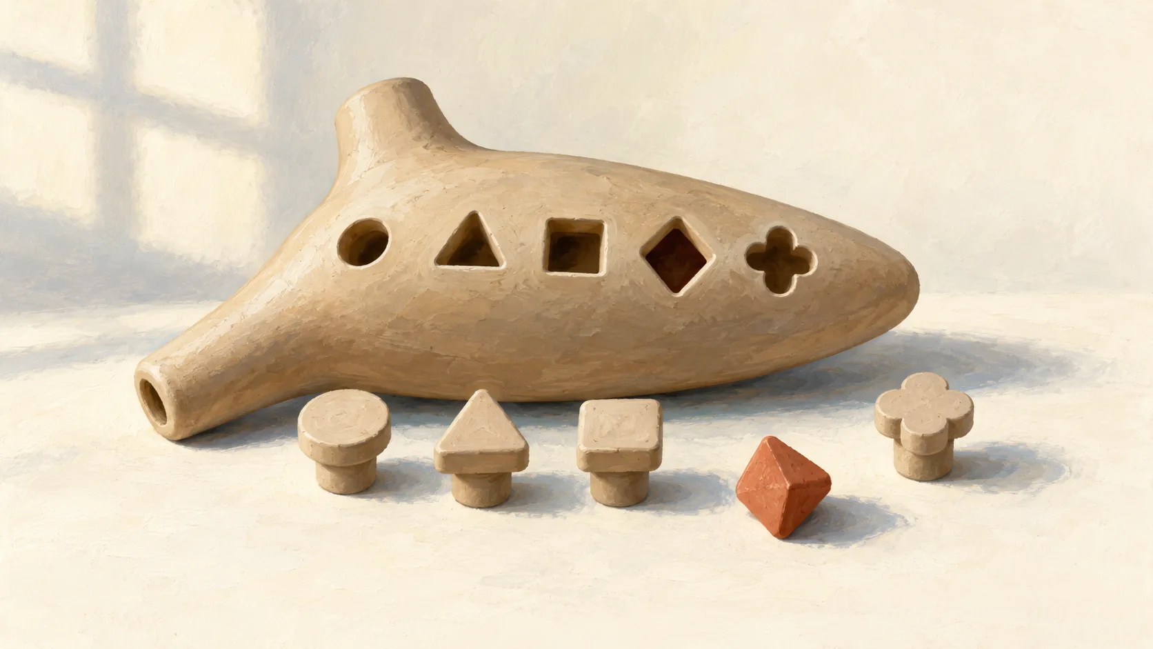 Clay ocarina openings beside their distinct matching plugs