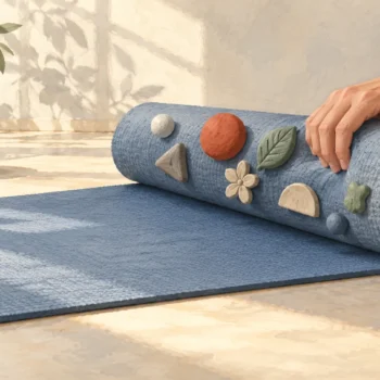 A hand rolls up a blue yoga mat; clay shapes sit on the rolled part while the flat section stays clean