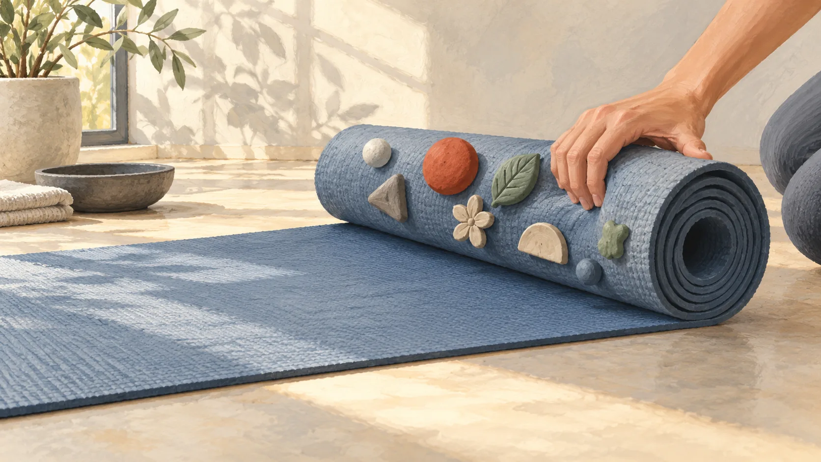 A hand rolls up a blue yoga mat; clay shapes sit on the rolled part while the flat section stays clean