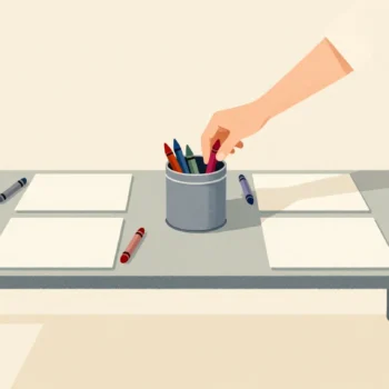 A children's play table with four drawing places and one shared tin of crayons, a small hand taking red.