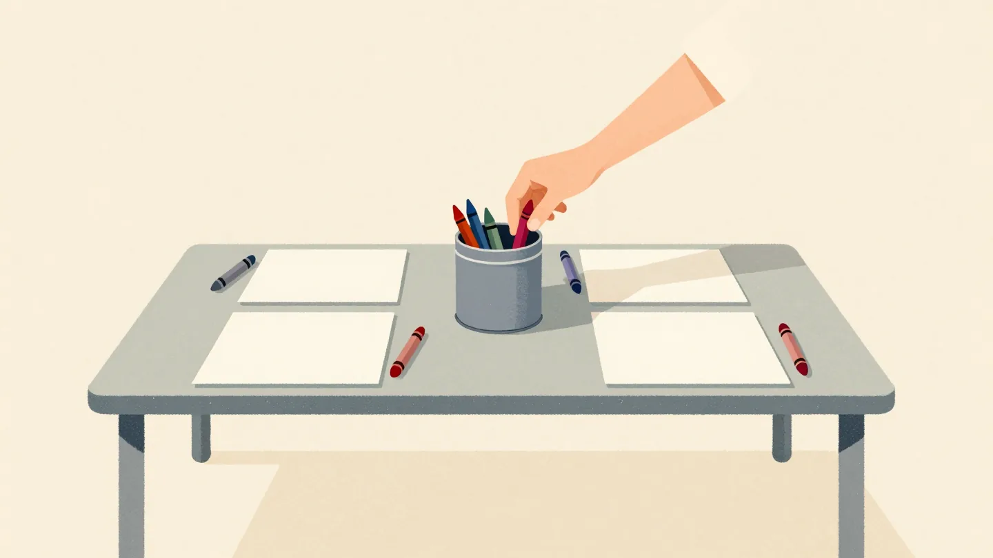 A children's play table with four drawing places and one shared tin of crayons, a small hand taking red.