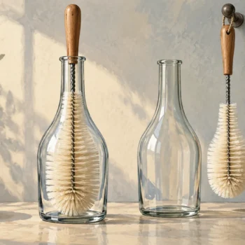 Shaped bottle brushes matching the necks and bodies of two glass bottles