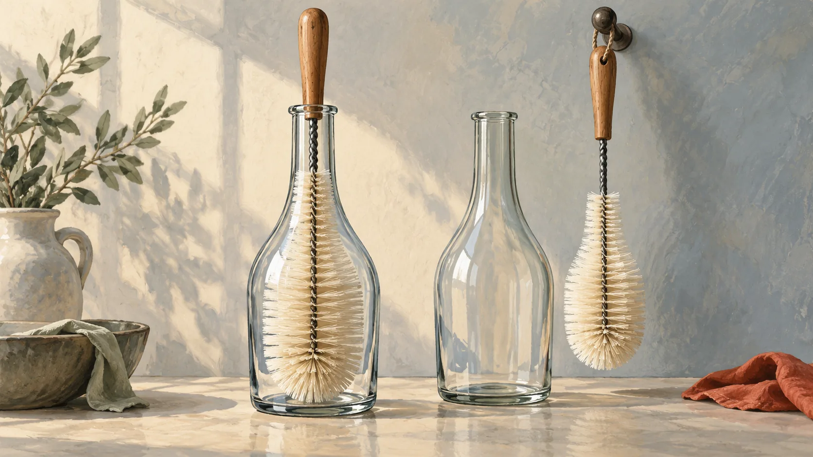 Shaped bottle brushes matching the necks and bodies of two glass bottles
