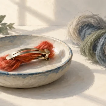 Hair barrette holding fibers within one dish beside fibers outside
