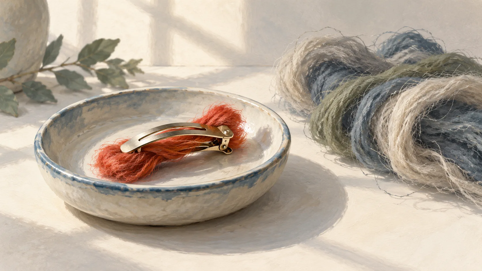 Hair barrette holding fibers within one dish beside fibers outside