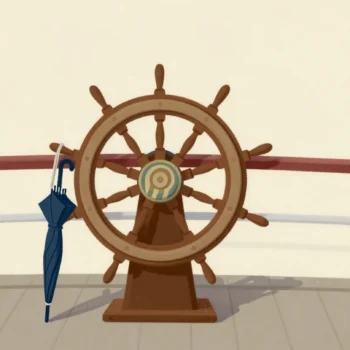 A polished wooden ship's wheel on an old ship's bridge with a child's swimming bag hanging from one spoke.