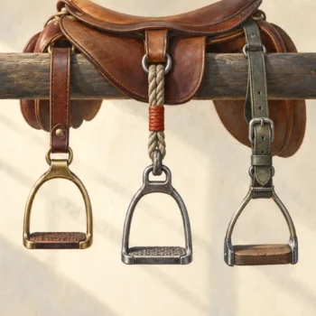 Saddle stirrups connected to one rail by different leather straps