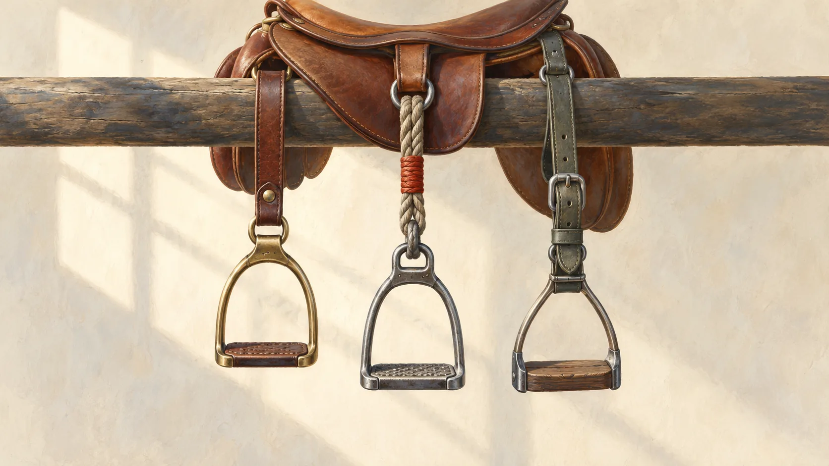 Saddle stirrups connected to one rail by different leather straps