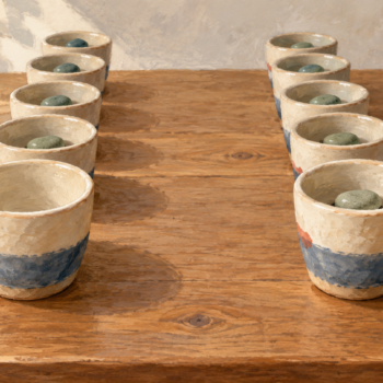 Two new cups differ: one remains empty while the other receives the standard pebble