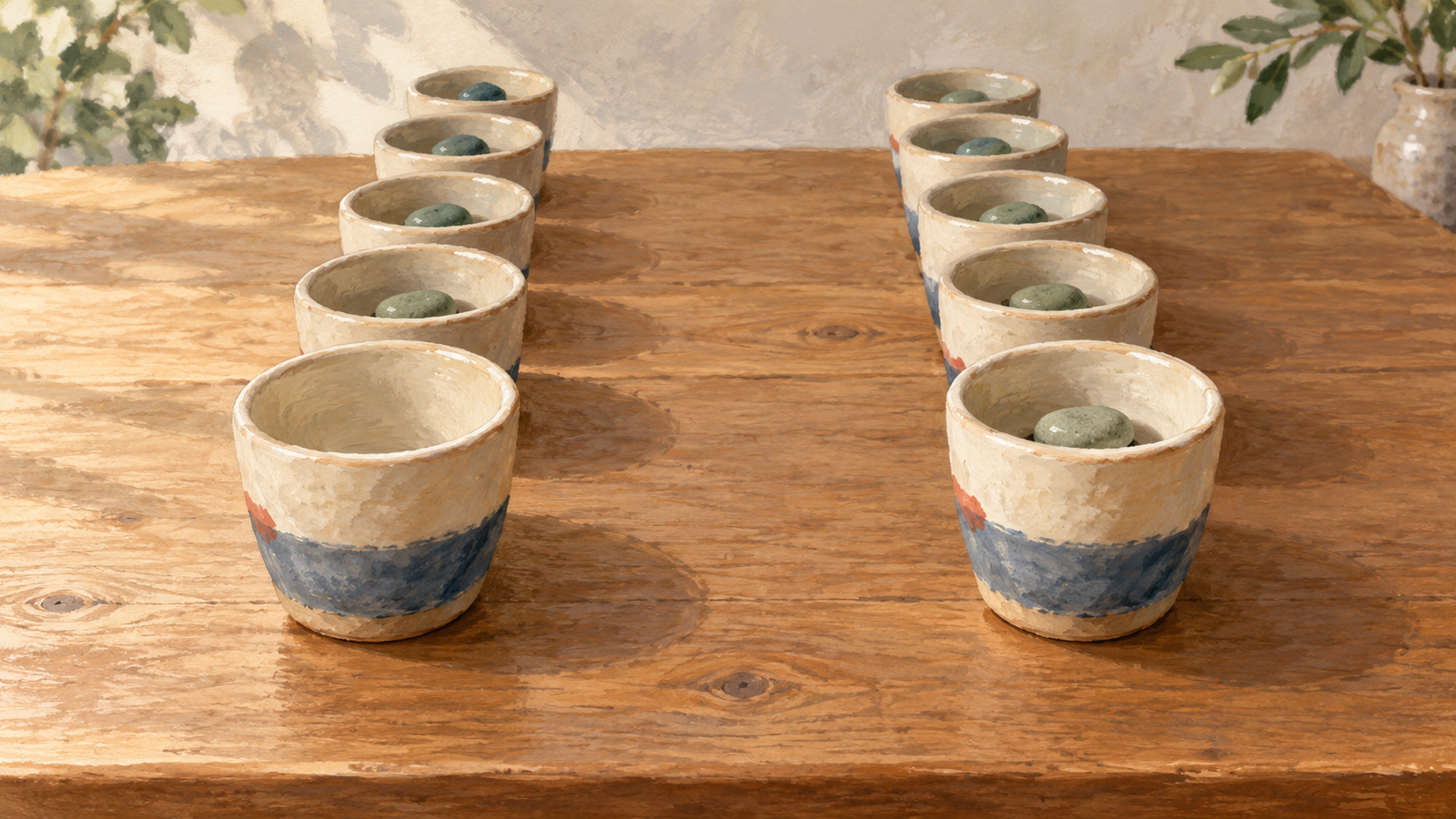 Two new cups differ: one remains empty while the other receives the standard pebble