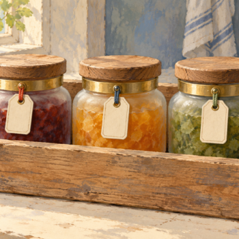 Three individually tagged preserve jars sit inside one wooden destination crate