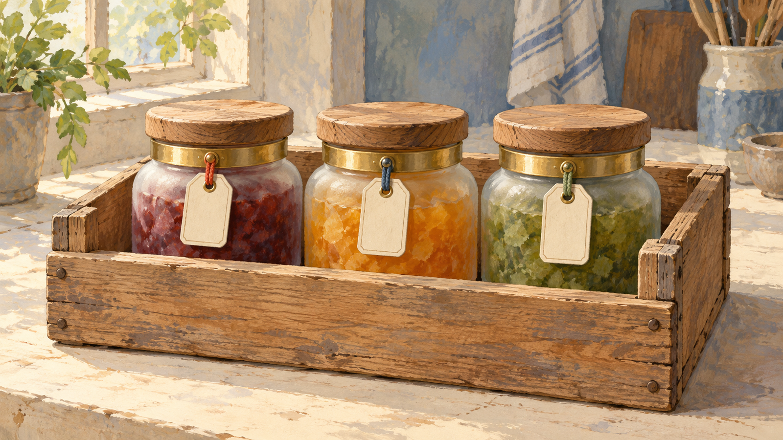 Three individually tagged preserve jars sit inside one wooden destination crate