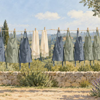 Two repeated runs of five work aprons and two rest scarves on a clothesline