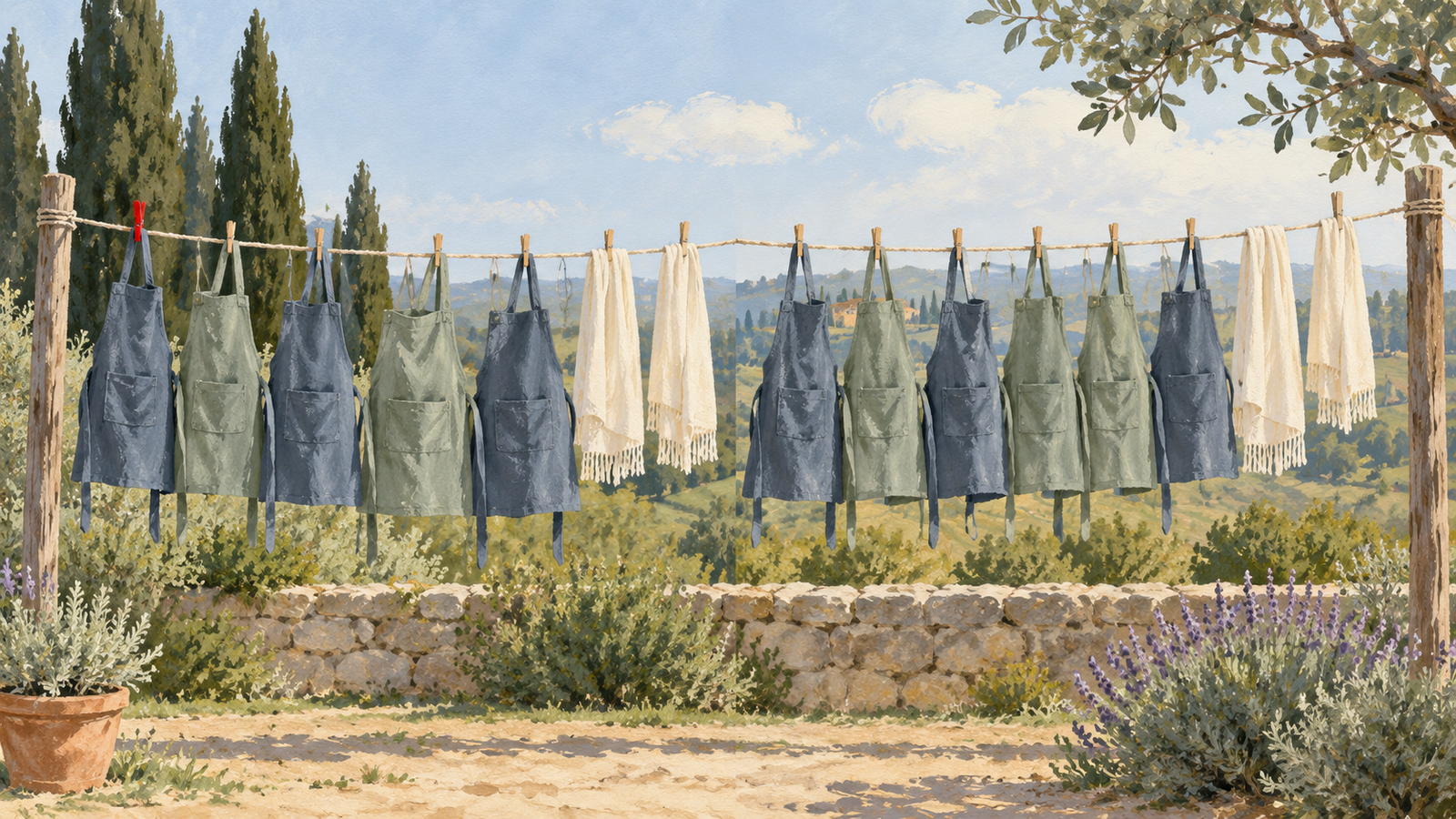 Two repeated runs of five work aprons and two rest scarves on a clothesline