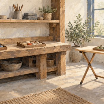 A permanent shared workbench holds separate personal trays beside a foldable private bench