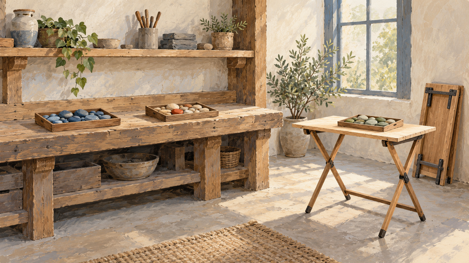 A permanent shared workbench holds separate personal trays beside a foldable private bench