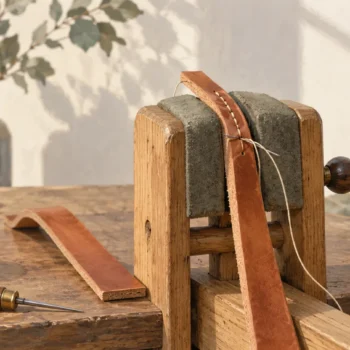 Leather stitching pony holding a prepared seam beside completed stitches