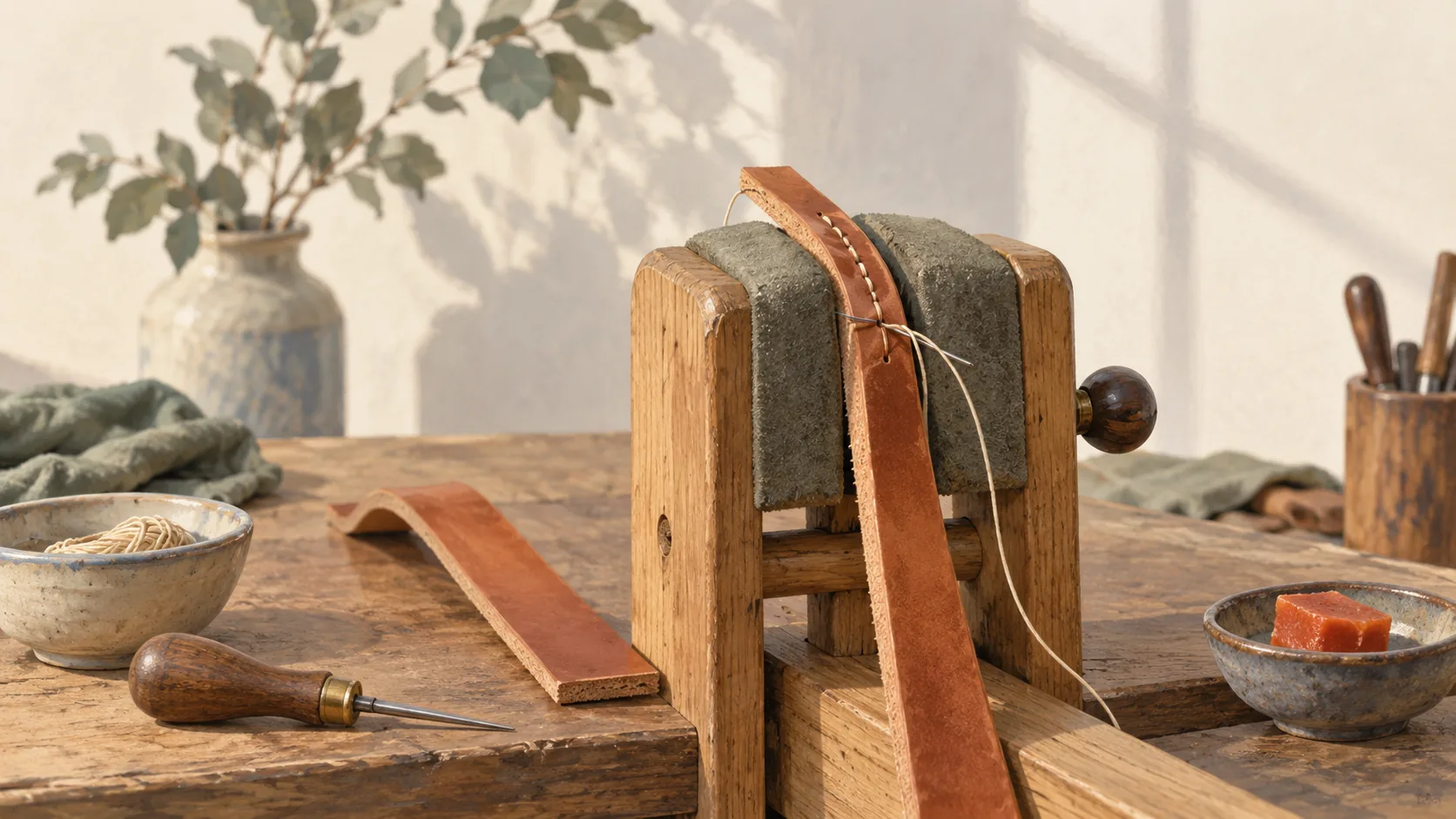 Leather stitching pony holding a prepared seam beside completed stitches