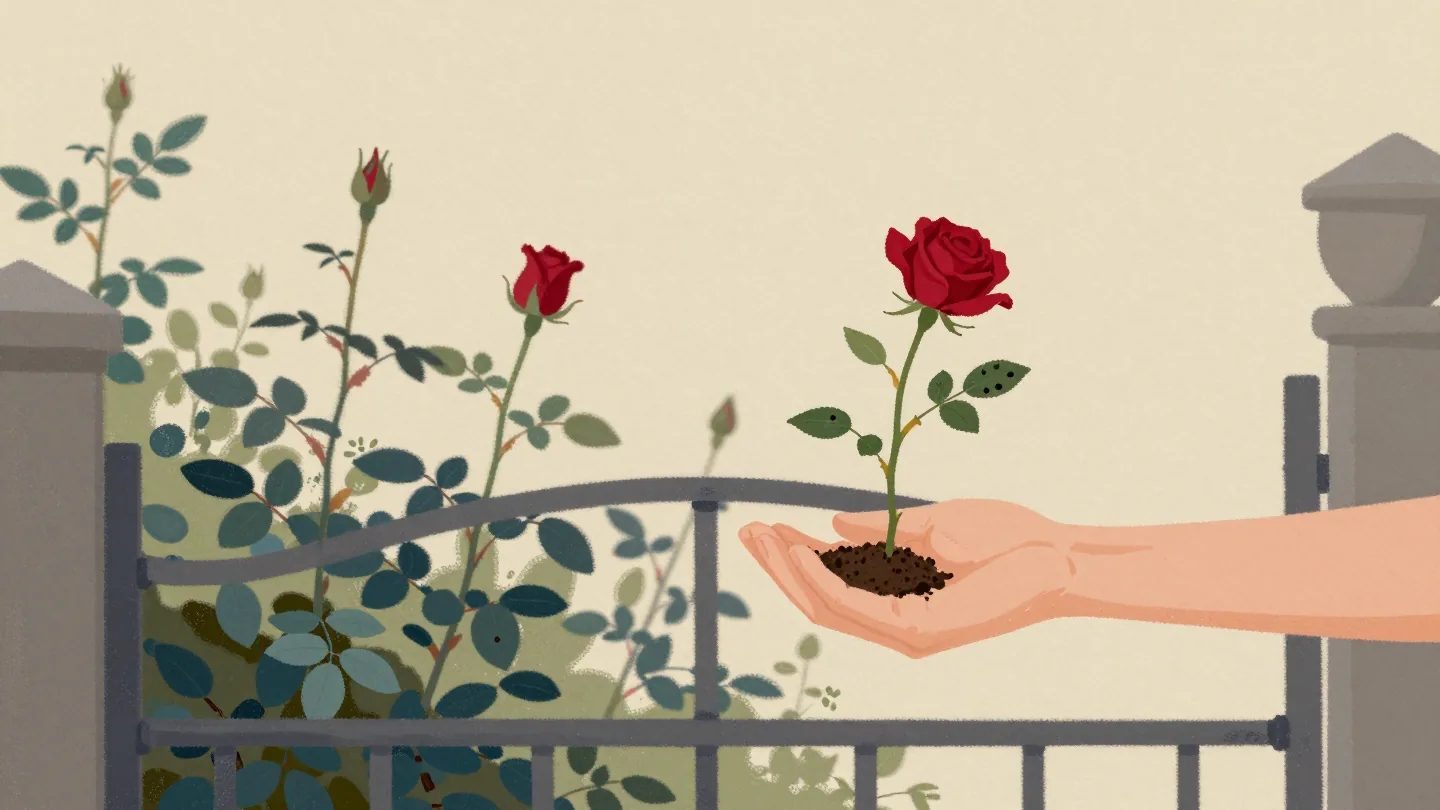 A hand passing a cut rose stem with one spotted leaf and a pouch of soil across a garden gate