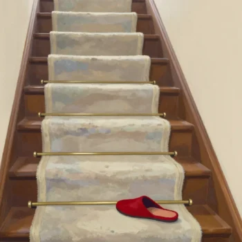A wooden staircase whose cream carpet runner is worn thin in a clear track, a red slipper below.