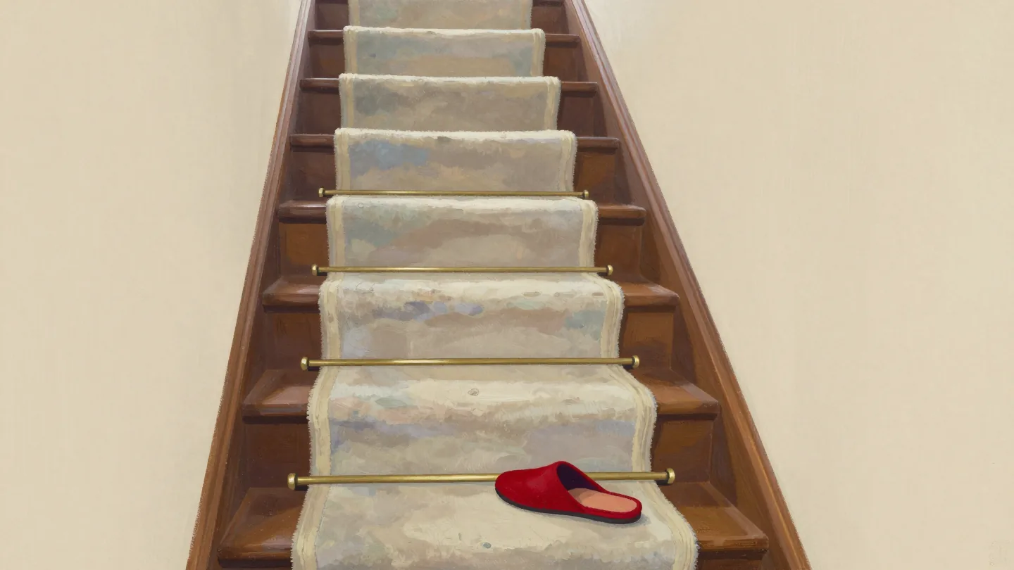 A wooden staircase whose cream carpet runner is worn thin in a clear track, a red slipper below.