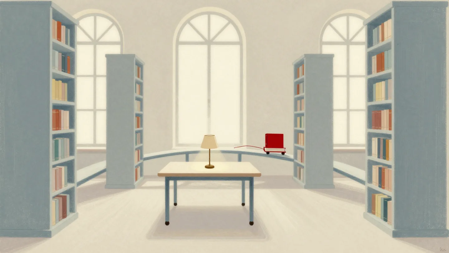 A small library reading room with separate book towers outside linked by covered bridges, a red book crossing one