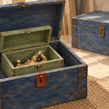 A brass object sits in a smaller case inside a selected large chest
