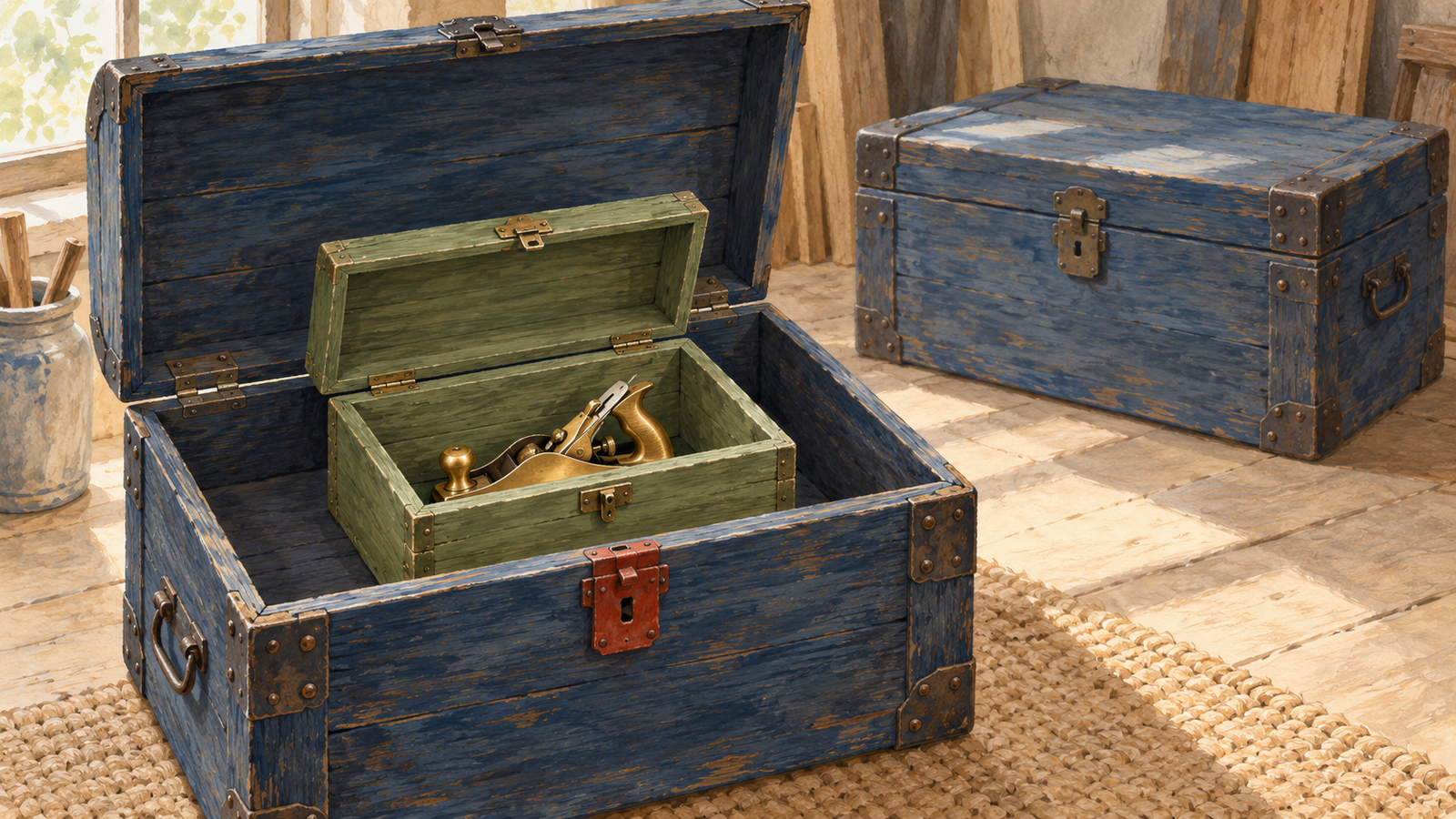 A brass object sits in a smaller case inside a selected large chest