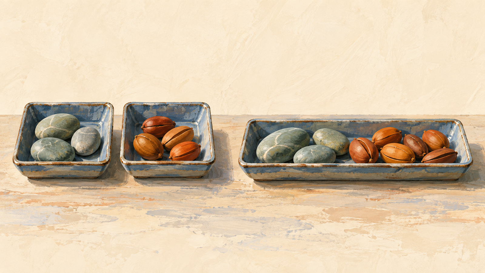 Two separate trays of objects presented together in one tray